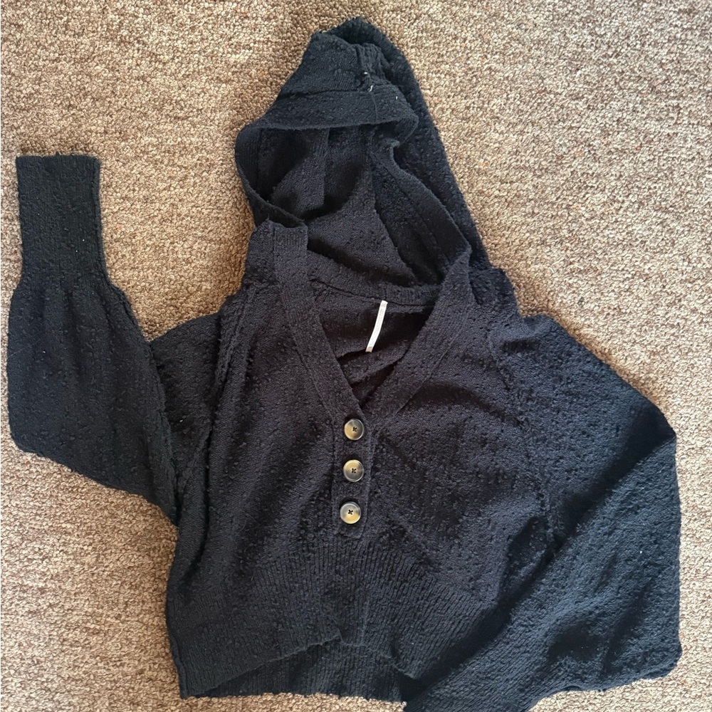 Free People Cropped Black Hooded Sweater with Button Detail